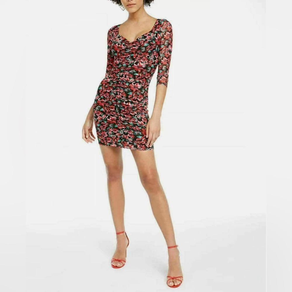 GUESS mesh bodycon pink, green, and black floral dress medium NWOT